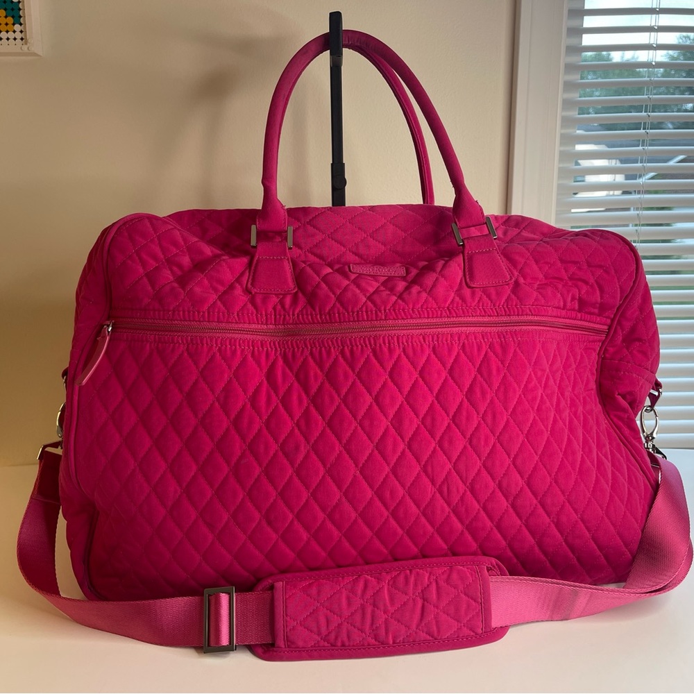 Vera Bradley Large Weekender Travel Bag Fuchsia Pink Microfiber Quilted w/Strap